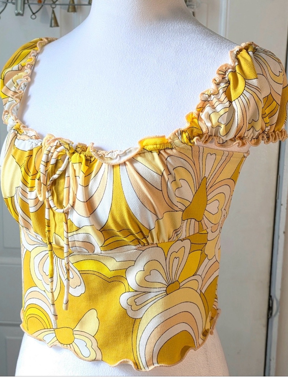 Urban outfitters hippy 70s pattern Mustard Yellow Floral Ruched Tank Top